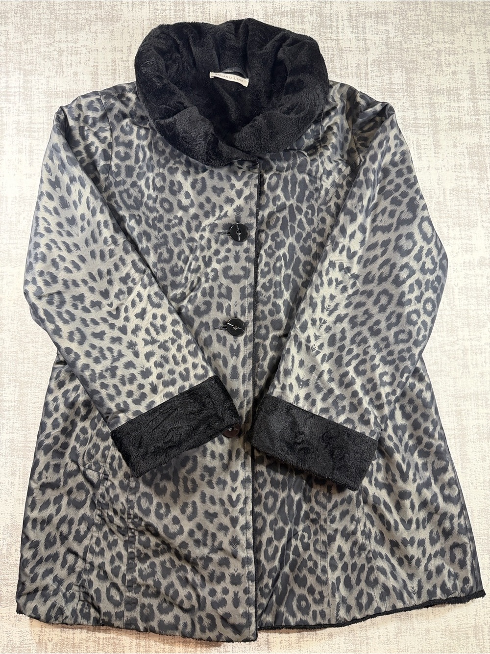 Melanie Lyne Leopard Print Grey Pea Coat with Black Faux Fur Read Measurements